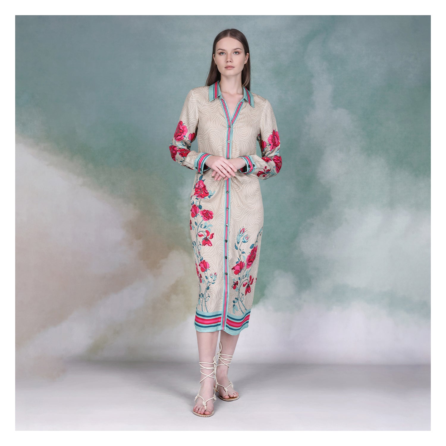 bl nk ferlina long sleeve midi shirt dress BL-NK Ferlina Long Sleeve Midi Shirt Dress Women's Size L Green
